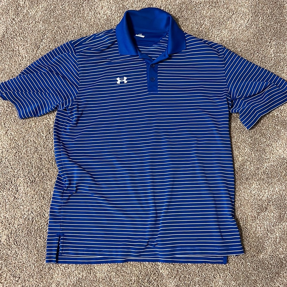 Under armor, blue and white striped golf polo